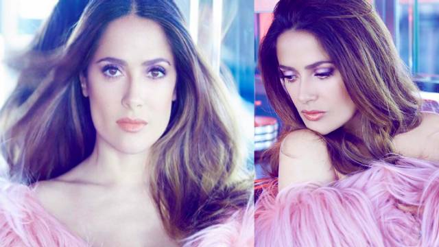 Salma Hayek Stuns In Baby Pink Fur Outfit